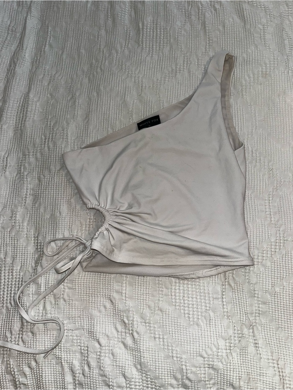 White Fox Boutique Ivory One-Shoulder Ruched Side Tie Tank
